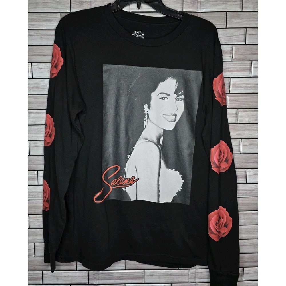 Selena Large Shirt Long Sleeve Black Red Roses Graphic Vintage Distressed Top